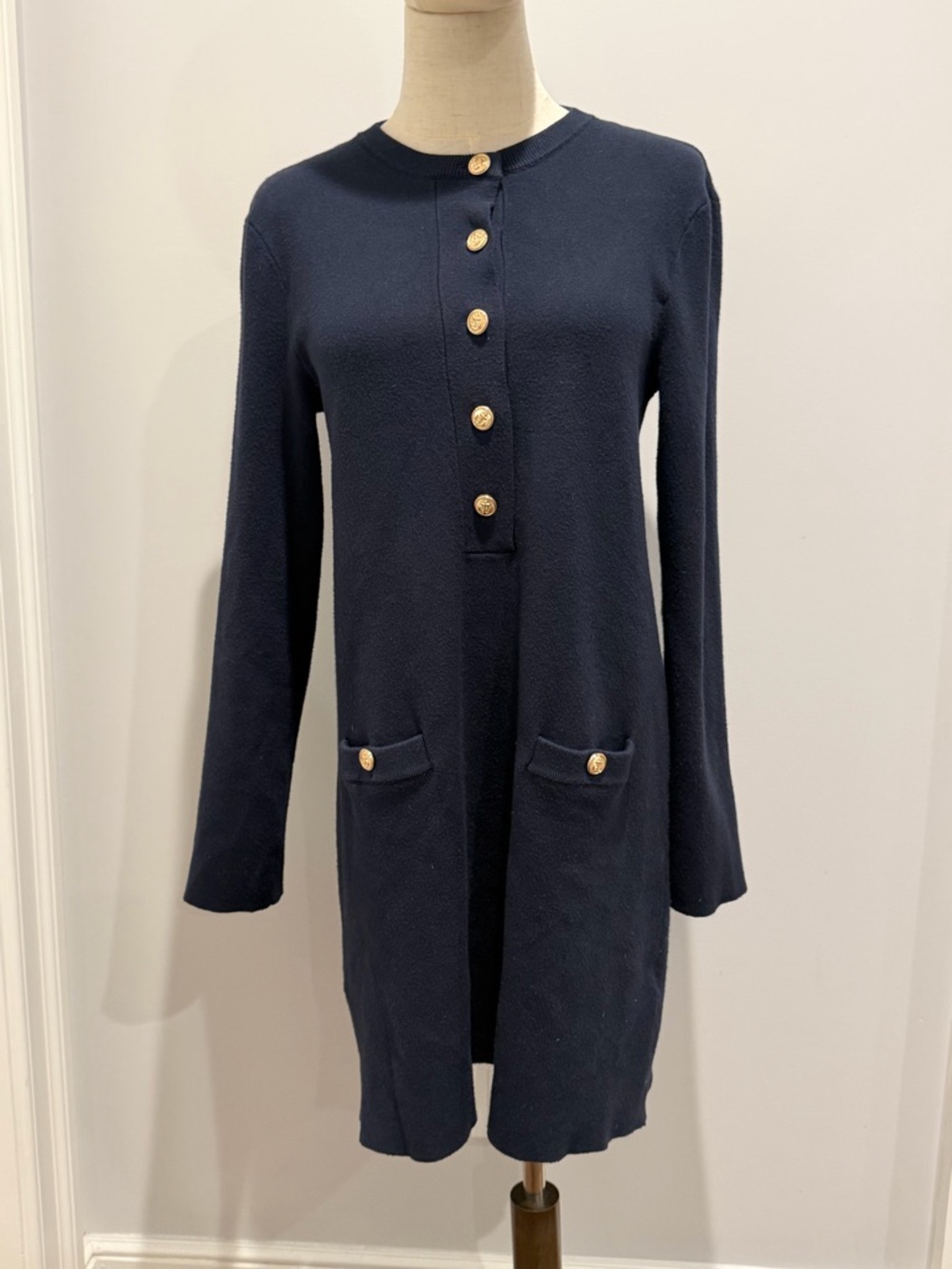 ZARA Navy Knit Dress Gold Button Nautical Shift Size M